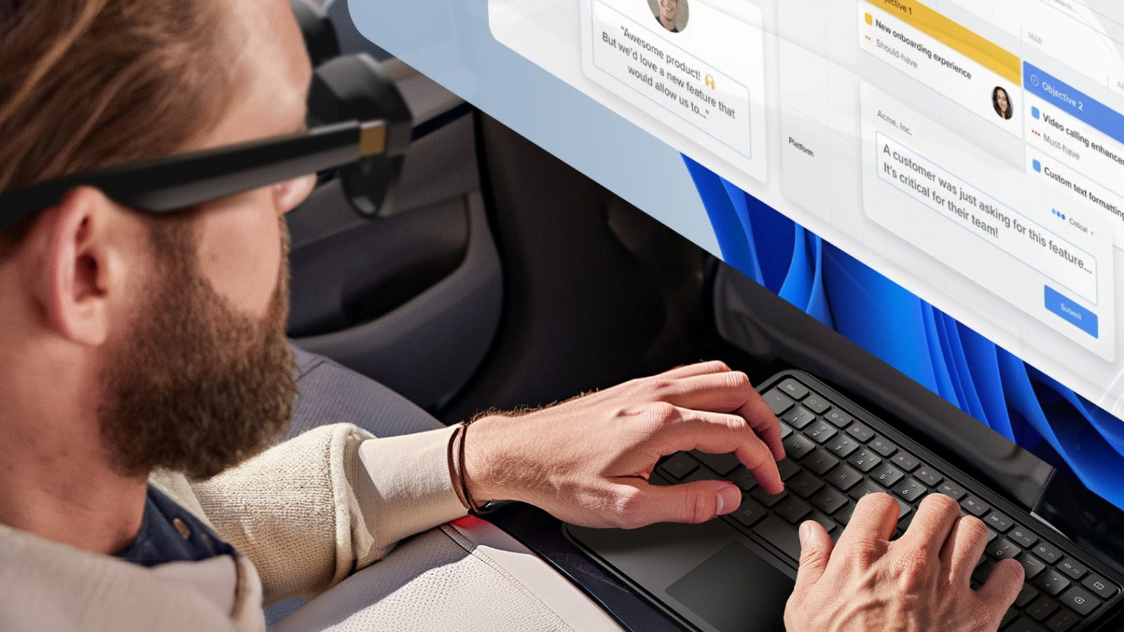 INAIR 套装近照，展示眼镜侧面与键盘交互